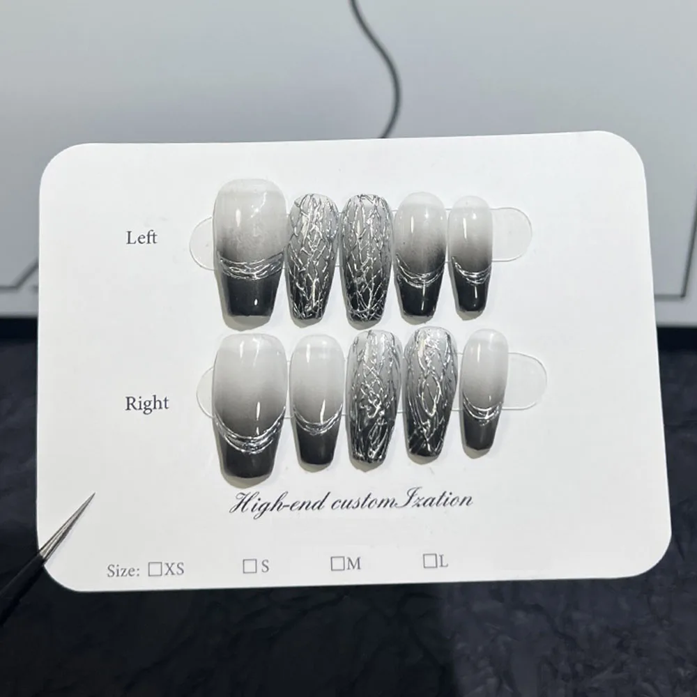 

MAGO Handmade Press on Full Cover Professional cool black gradient magic mirror powder light luxury reusable finished fake nails