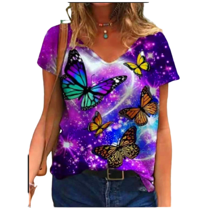 

New 2022 Summer Tops Oversized Ladies Tee Top Casual Short Sleeve V-Neck Loose T Shirts Women 3D Butterfly Print Tops Plus Size