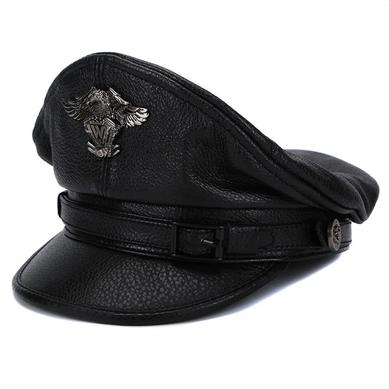 New Retro German Military Caps For Men Male Genuine Leather Flat Top Hats European American Captain Locomotive Chapeau