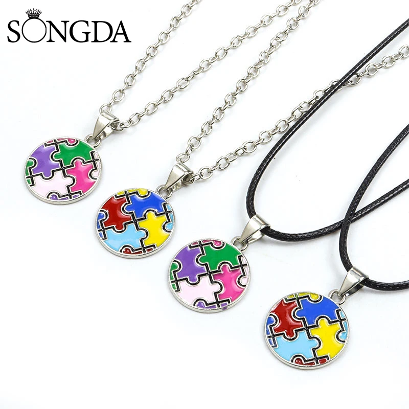 

Autism Awareness Puzzle Autistic Necklace Alloy Enamel Pendant Fashion Necklace for Women Men Chain Jewelry Accessories Kid Gift