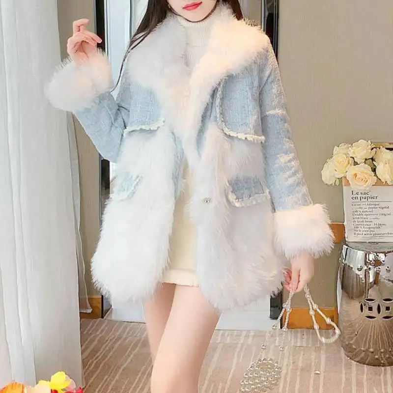 2022 Winter New Women Plush Coat High-end High-end Tweed Stitching Faux Fur Coat Casual Loose Fleece Warm Top Female Clothing