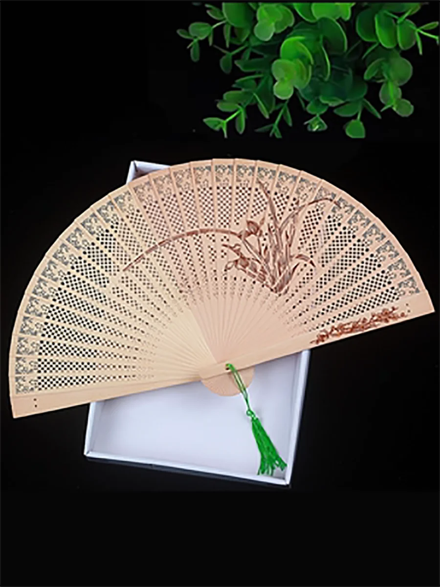 

Vintage Chinese Fans Wooden Hollow Handheld Folding Fans with Tassel for Dancing Wedding Baby Shower Birthday Party Decoration