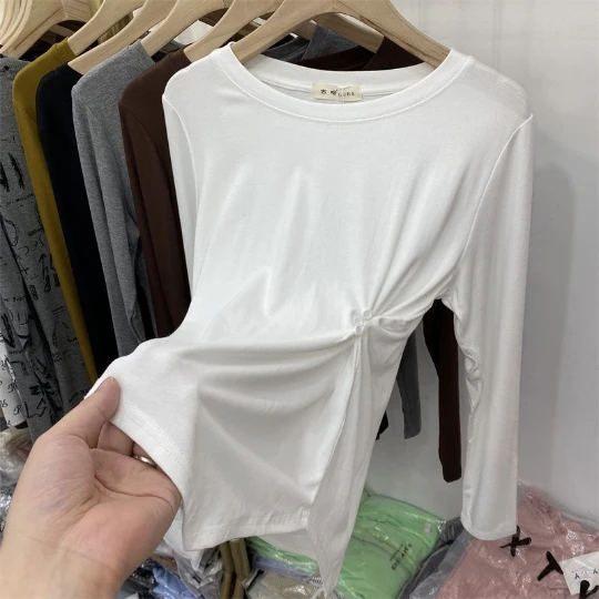 

Желтая пикантная Женская футболка для девушек с круглым вырезом весенне-осенняя одежда в рубчик трикотажный топ с длинным рукавом из эластичной ткани облегающие Топы