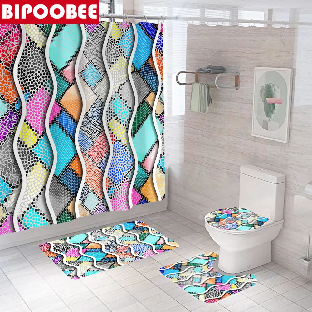 

180x180cm Fabric Shower Curtain Bohemian Colorful Bathroom Curtains Set Bath Mat Toilet Lid Cover Non-Slip Rug Pedestal Carpet
