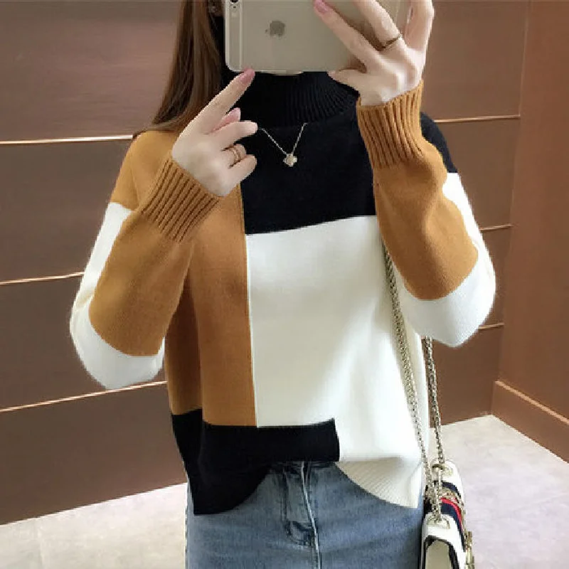 

Knitting Turtleneck Pullovers Casual Autumn Thicken Loose Side Split Long Sleeve Warm Korean Womens Sweaters