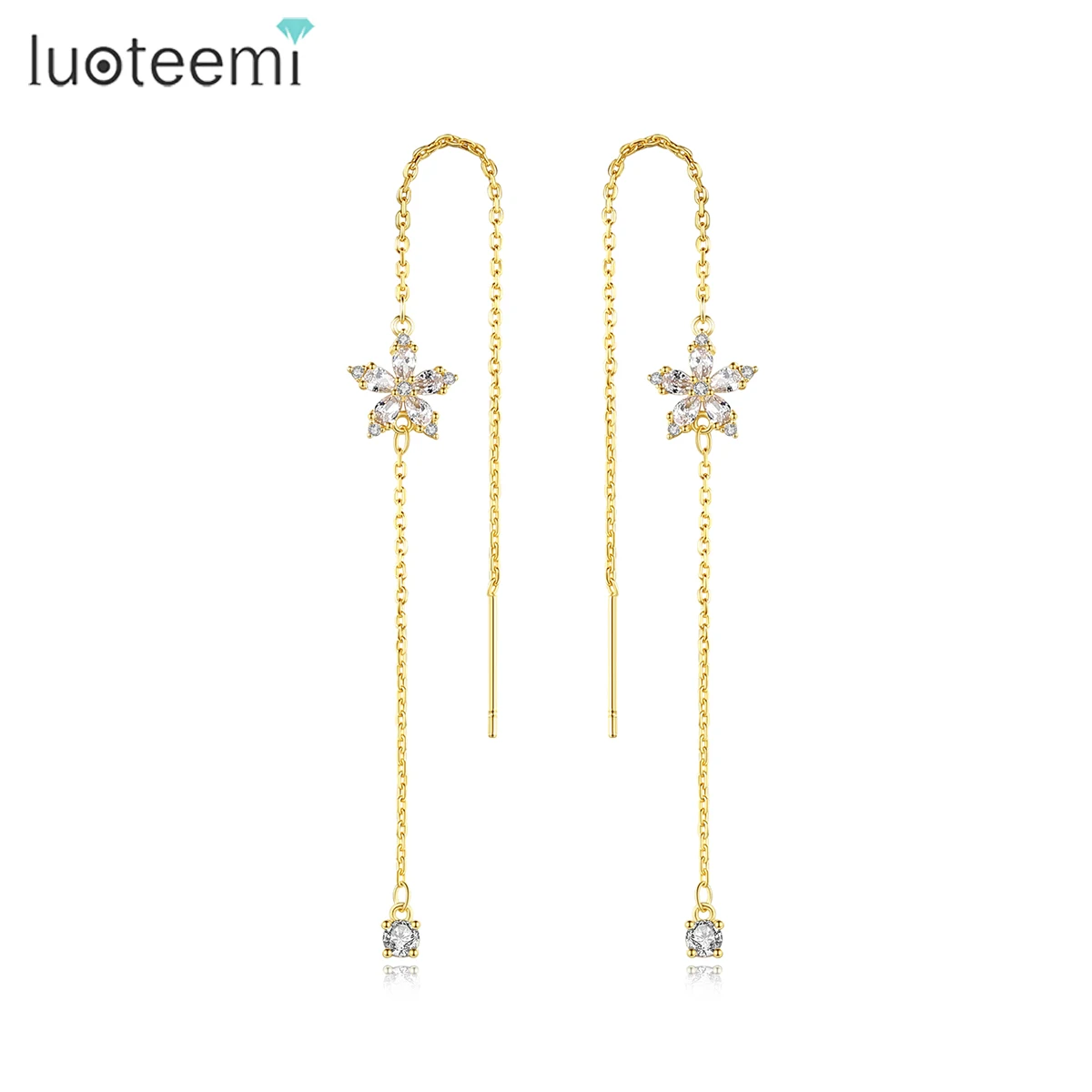 

LUOTEEMI Charming Drop Earrings Ear Line Flower Shape CZ Stone Accessories Fashion Jewelry for Women Aretes De Mujer 2021 New
