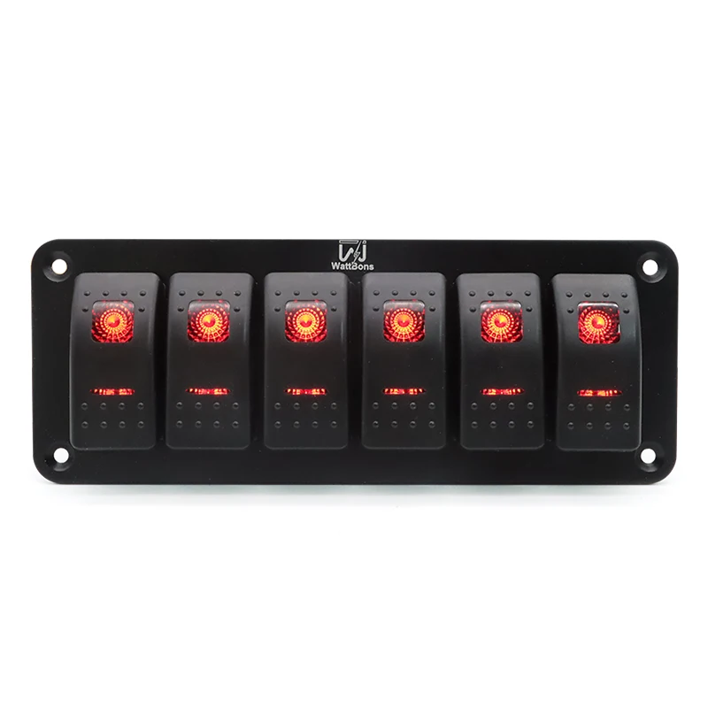 

12V-24VDC 6 Gang Aluminum Holder Rocker Switch Panel 5Pin On Off Dash Pre-Wired Red Backlit for Automotive Cars Marine RVs Truc