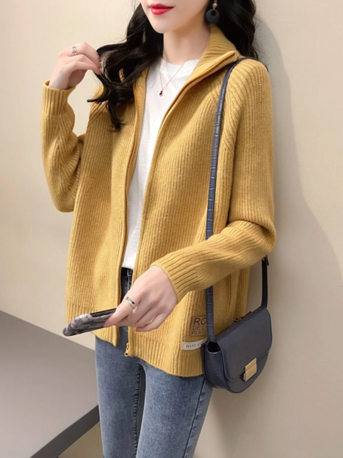 Ранняя осень женский свитер свободный модный вязаный кардиган на молнии