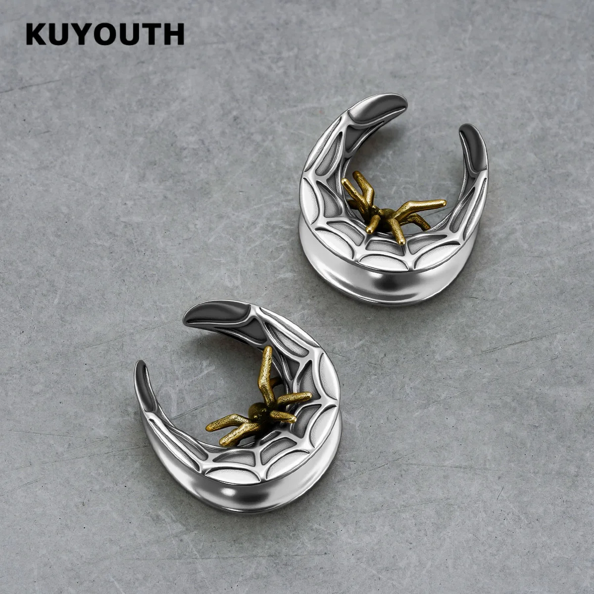 Фото KUYOUTH 2 шт., готические паутины, ушные туннели, заглушки, медные расширители в форме седла, калибры, носилки, ювелирные изделия для пирсинга, серьги №3