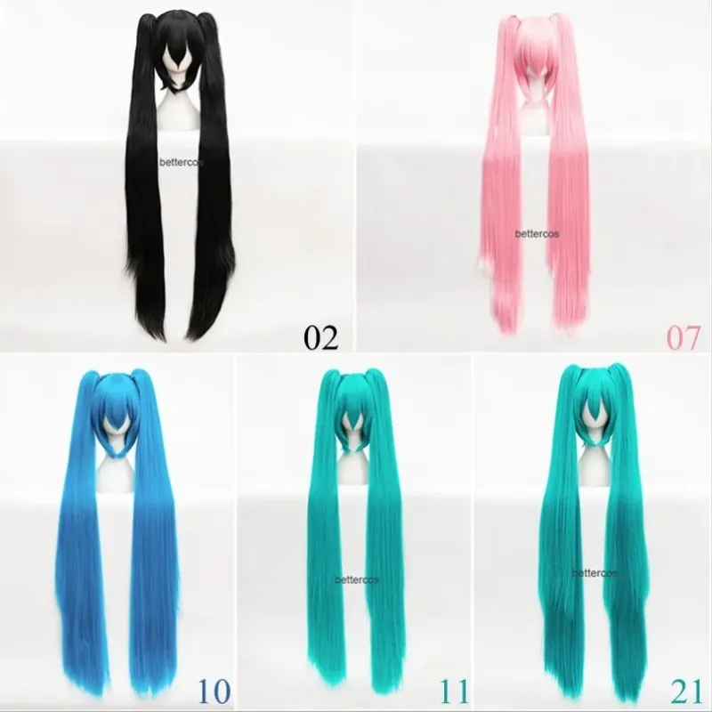 Фото Высокое качество Vocaloid Miku косплей парик длинные термостойкие синтетические заколки для волос хвостики парики + шапочка для парика №1