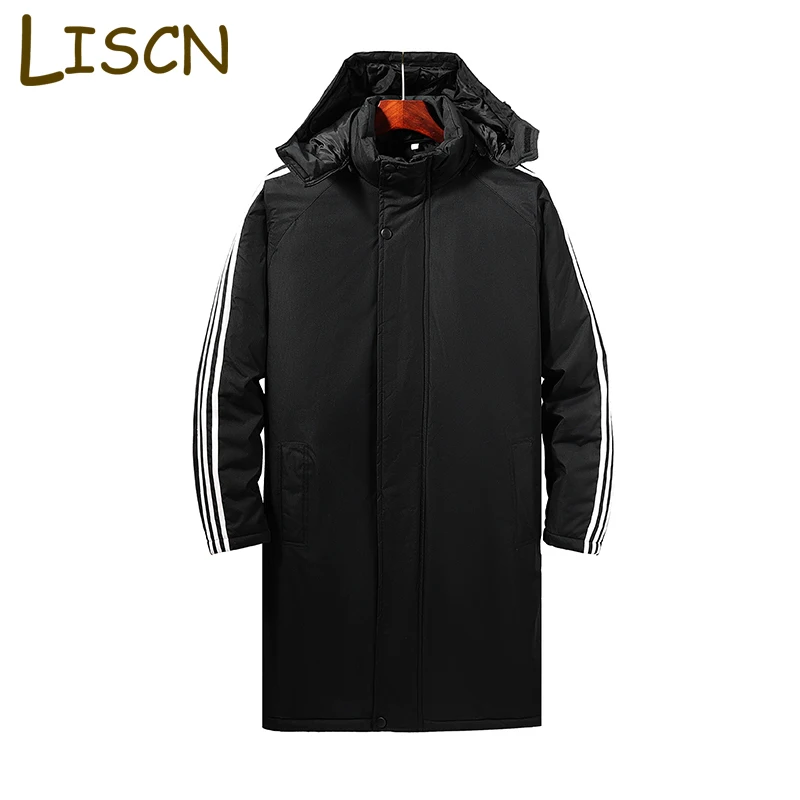 Men Cotton Winter Black Three-bar Jacket Men 2022 New Fashion Warm Casual Long Black Windproof Jacket Men