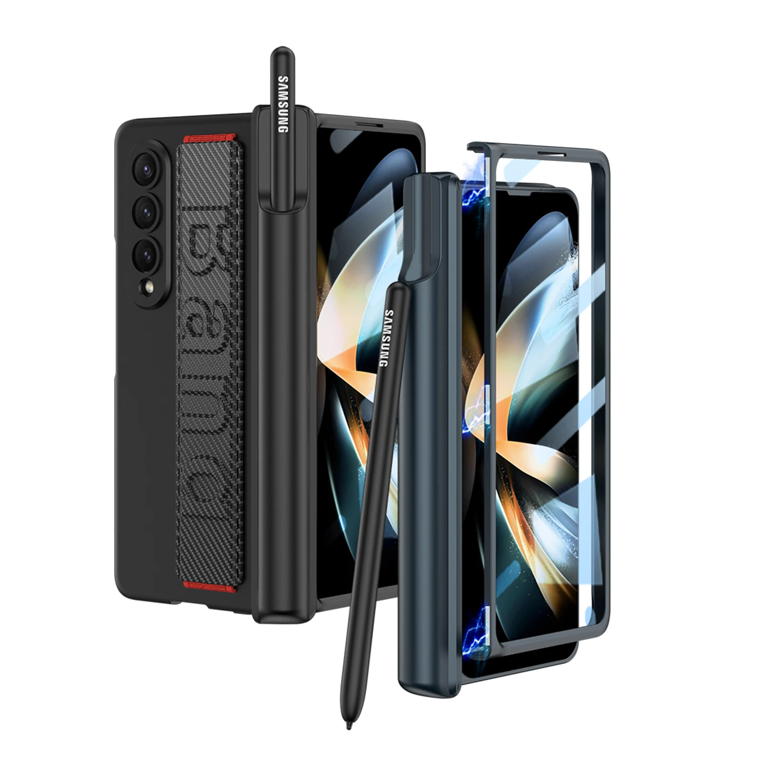 

Anti-knock 360 Full Coverage Wristband Case for Samsung Galaxy Z Fold4 Fold 3 Fold3 Fold 4 Zfold4 5G Tempered Glass Film Cover