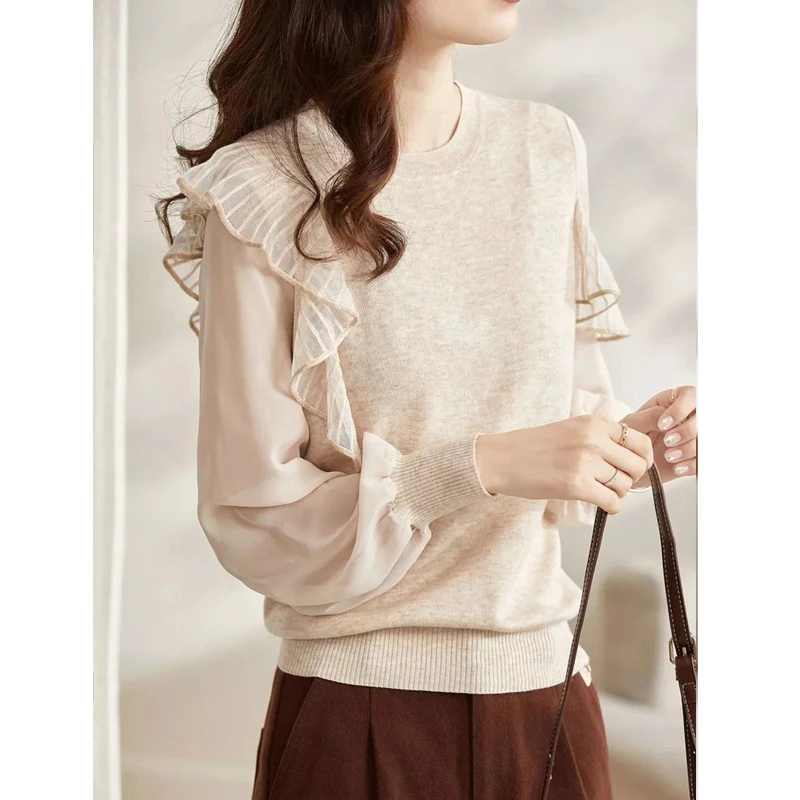 

New Spring Autumn Korean Fashion Ruffle Chic Sweet Chiffon Patchwork Blouse Women Casual Long Sleeve Pullovers Knitwear Clothing