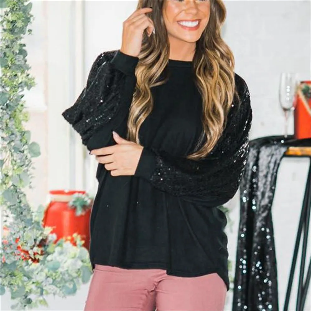 

Women's T-Shirt Lazy Style Thin Rayon Cotton Loose Solid Color Sequins Stitching Bat Sleeves Round Neck Women's Clothing Spring