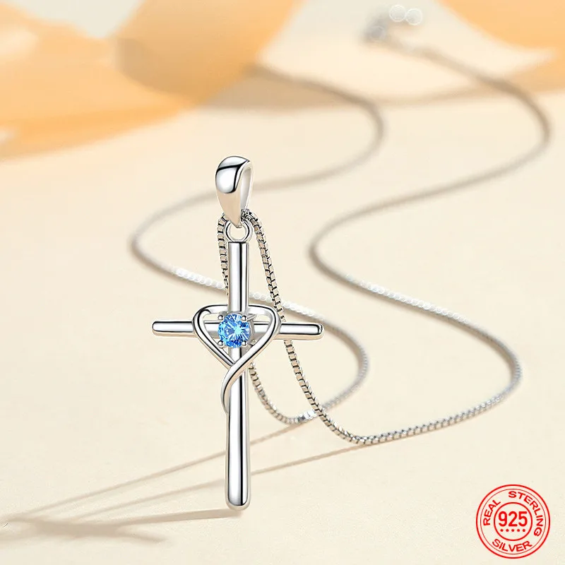 

925 Sterling Silver Cross Blue Zircon Pendant No Chain Necklace For Women Wedding Jewelry