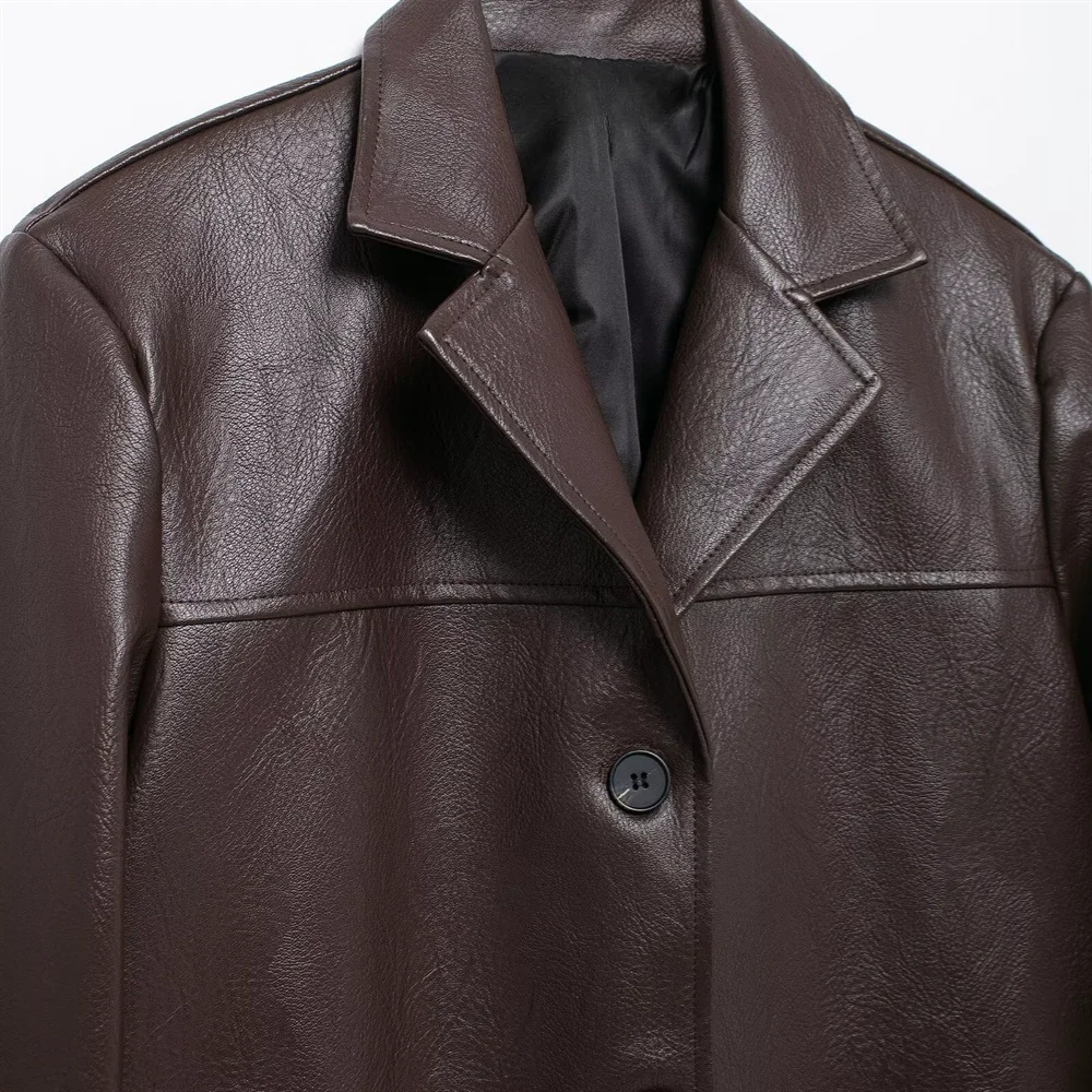 Женский кожаный пиджак Taop &amp Za однобортный жакет с отложным воротником