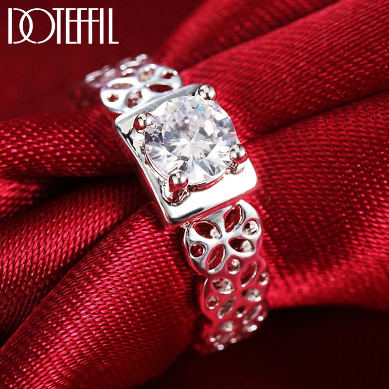

DOTEFFIL 925 Sterling Silver Round AAAAA Zircon Hollow Patter Ring For Woman Fashion Wedding Engagement Party Gift Charm Jewelry