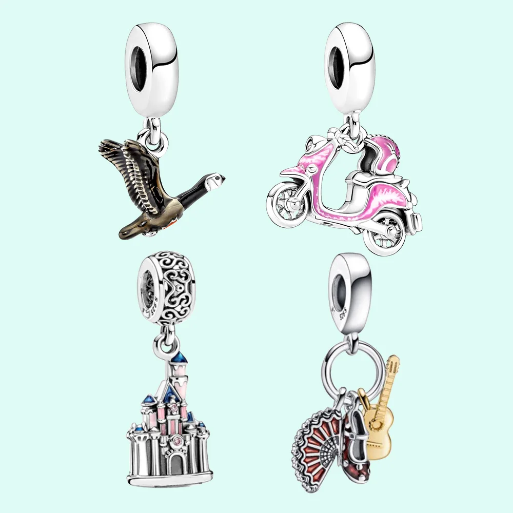 

925 Silver Pink Scooter Dangle Charm Fit for Pandora Fashion Birthday Making Bracelet Necklace Girls Jewelry Gift