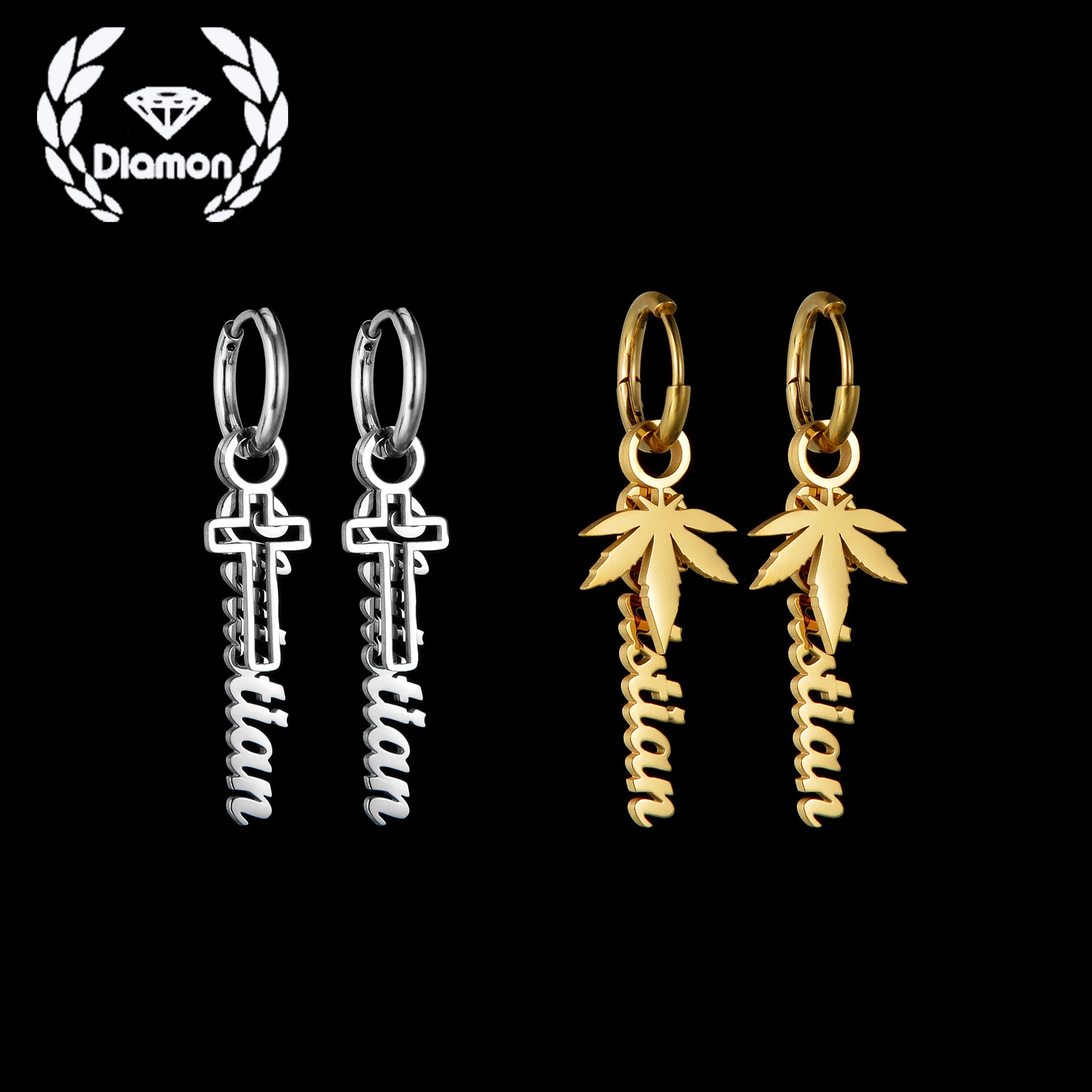 

Diamon Personalized Name Cross Earrings for Women Stainless Steel Customized Letters Maple Leaf Earrings Birthday Jewelry Gift