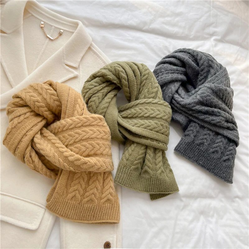 

Skinny Warm Winter Knitted Women Scarf Anual Thick Woolen Yarn Shawls and Wraps Bufanda 2022 Solid Braid Long Scarves Foulard