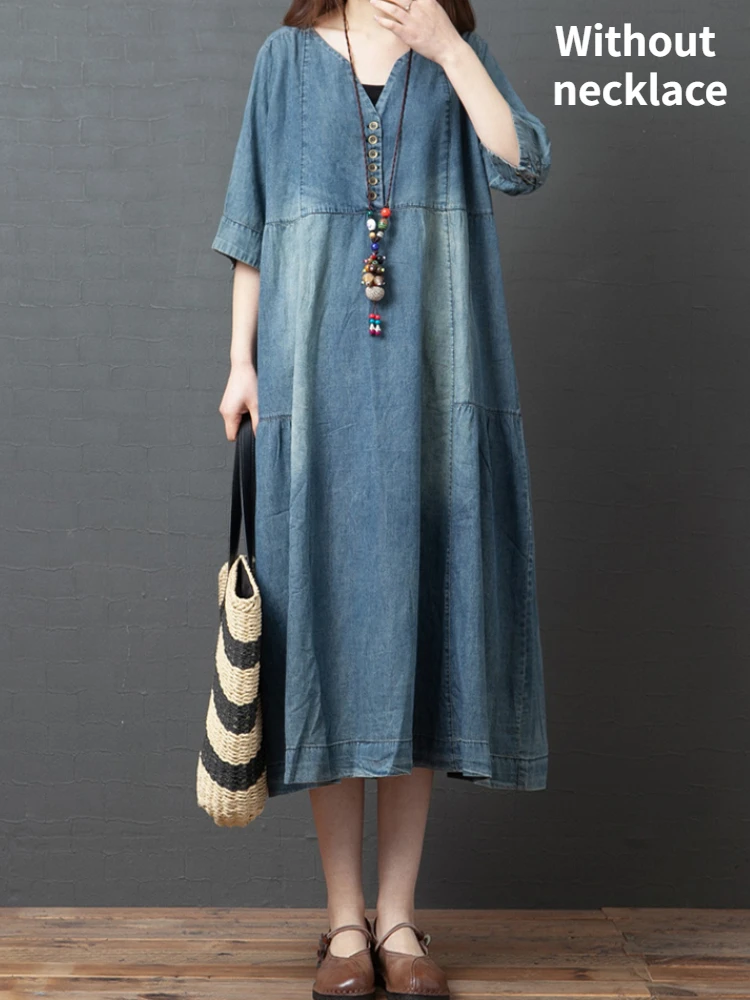 

Женское джинсовое платье с рукавом до середины икры, повседневное элегантное винтажное платье большого размера на пуговицах в Корейском ст...