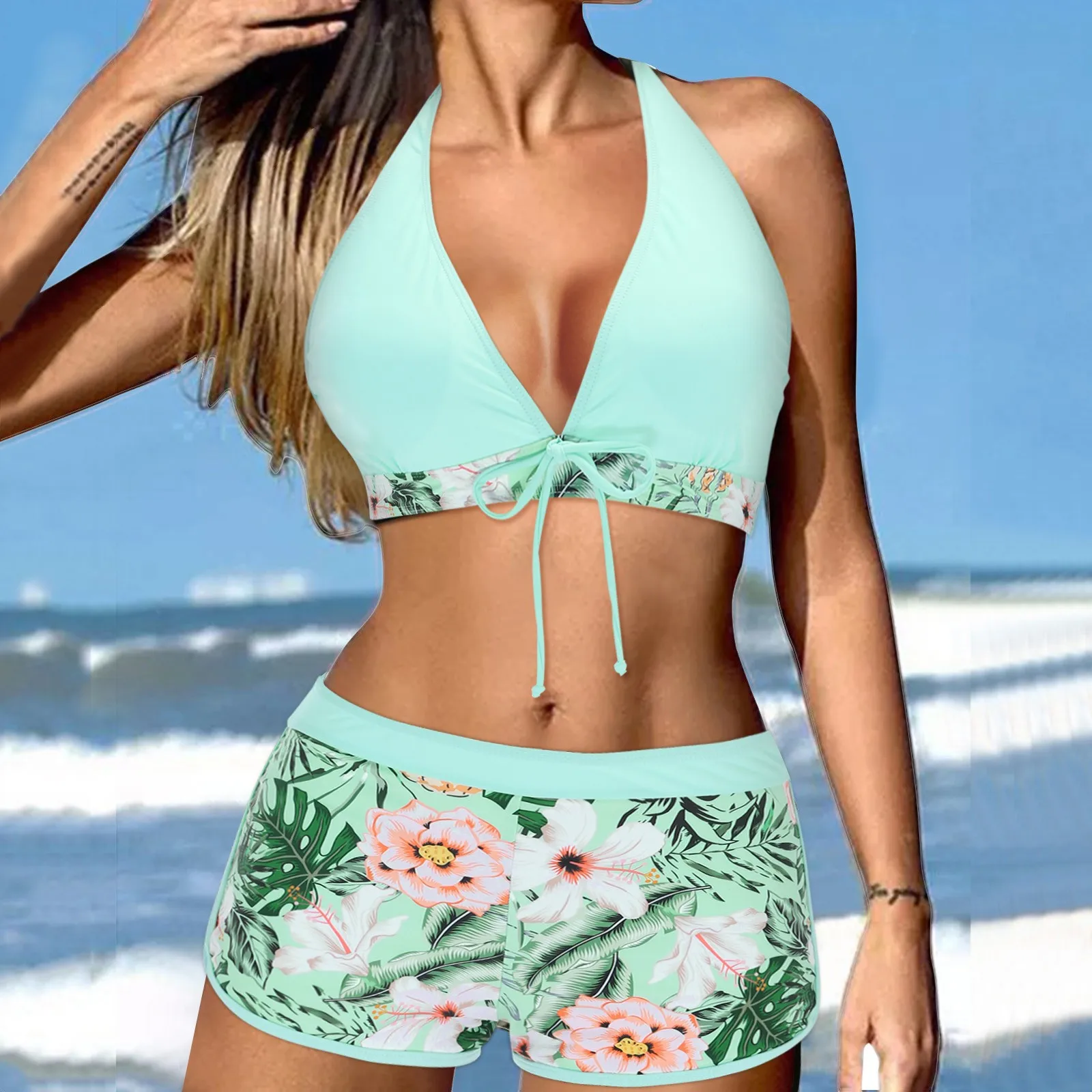 

Women's 2 Piece Sexy Outfits Swimsuit Seft Tie Swimwear Tropical Plants Print Beachwear Set Shorts And Crop Top Set for Teens