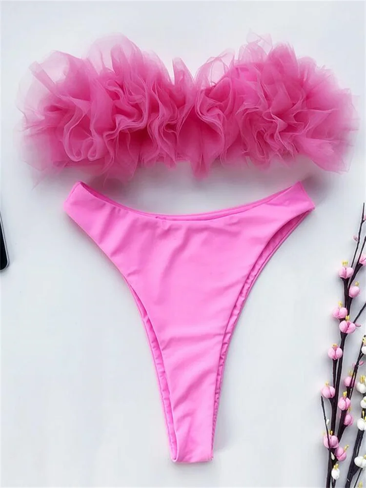 Однотонное бикини с открытыми плечами 2022 женский розовый купальник пуш-ап