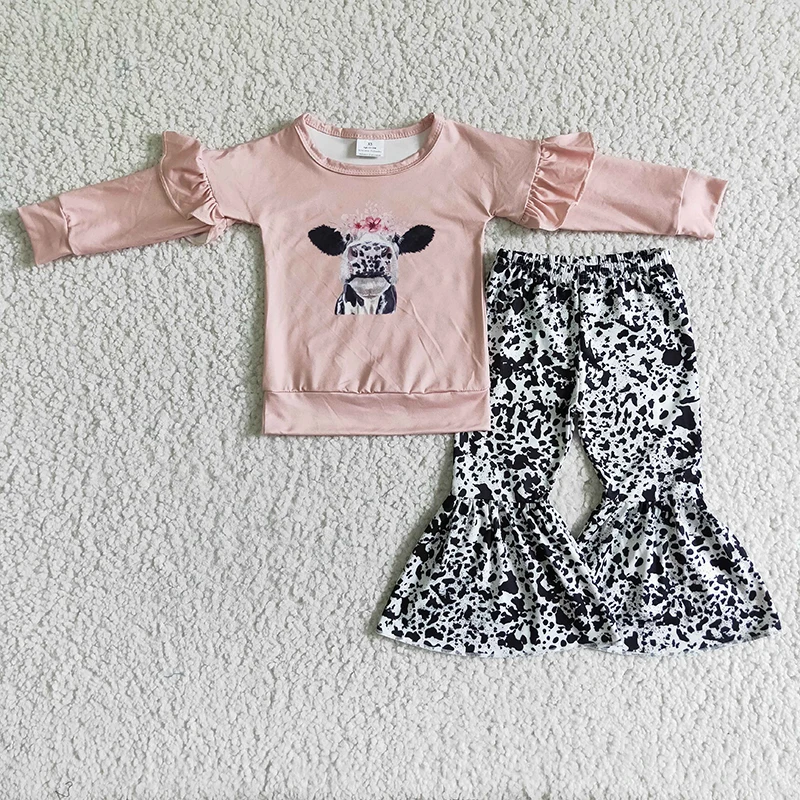 

Boutique baby girl clothes outfits cow cattle print ruffles long sleeves shirt with bell bottom pants two piece outfits set