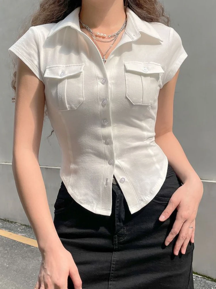 

Skinny Uniform Short Sleeve Shirts Women Korean Turndown Collar Pockets White T-Shirt Slim Fit Single-Breasted OL Woman Clothes