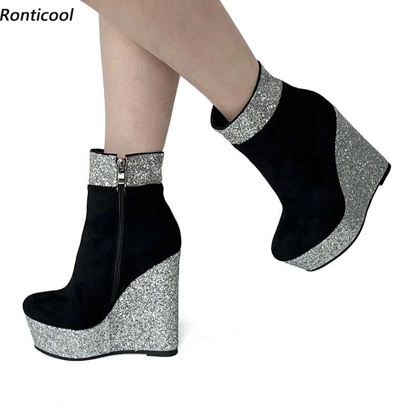 

Ronticool New Stylish Women Winter Ankle Boots Suede Zipper Wedges Heels Round Toe Black Cosplay Shoes Ladies Plus US Size 5-20