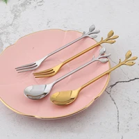 stainless steel leaves spoon fork coffee tea spoons goldsilver ice cream dessert cake spoon tableware kitchen accessories