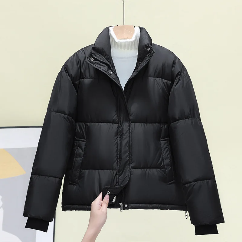 

PinkyIsBlack Autumn Winter Ladies Parkas Stand Collar Solid Color Puffer Jacket Women's Zipper Loose Short Cotton Coat Clothes