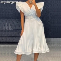 spring summer women dresses short flying sleeves slim evening club midi formal v neck sexy pleated plus size big swing with belt