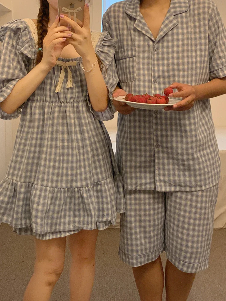 Свободная клетчатая полосатая летняя Пижама с коротким рукавом комплект для