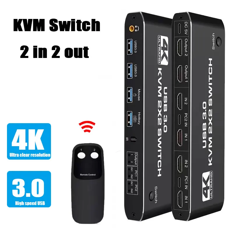 KVM-переключатель 2x2 USB 4K 60 Гц двойной монитор KVM HDMI-совместимый