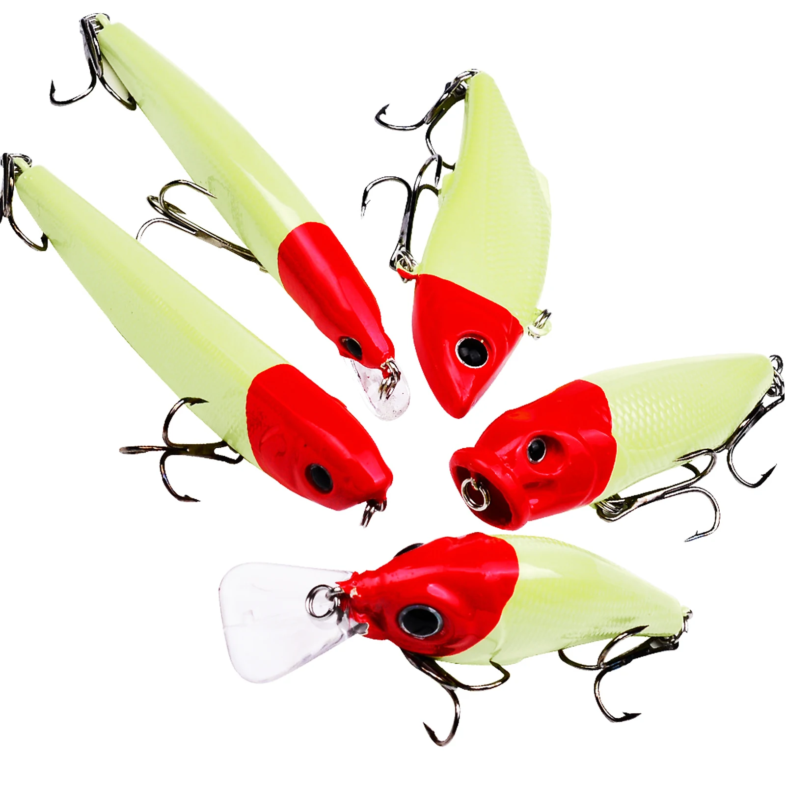 

5pcs Fishing Lures Set Hard Mixed Size Red Head 3D Fish EyeMinnow Popper Crankbaits VIB Pencel Baits for Freshwater/Saltwate