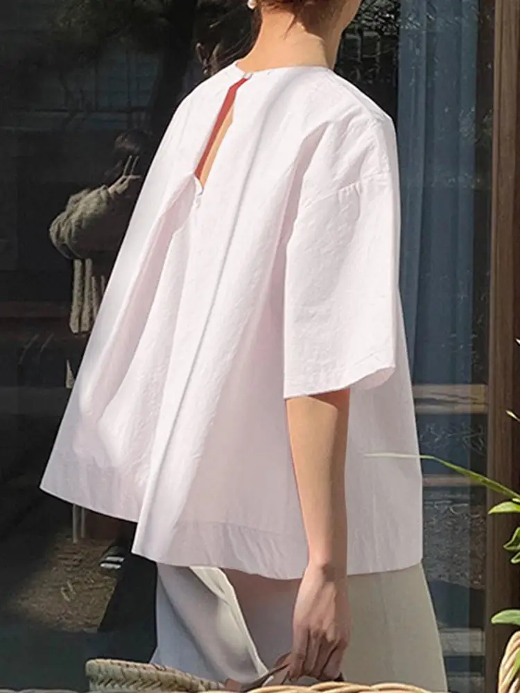 

VONDA Summer Elegant Fashion Tops 2023 Women Blouse Round Neck Short Sleeve Solid Color Shirts Casual Loose Oversized Blusas