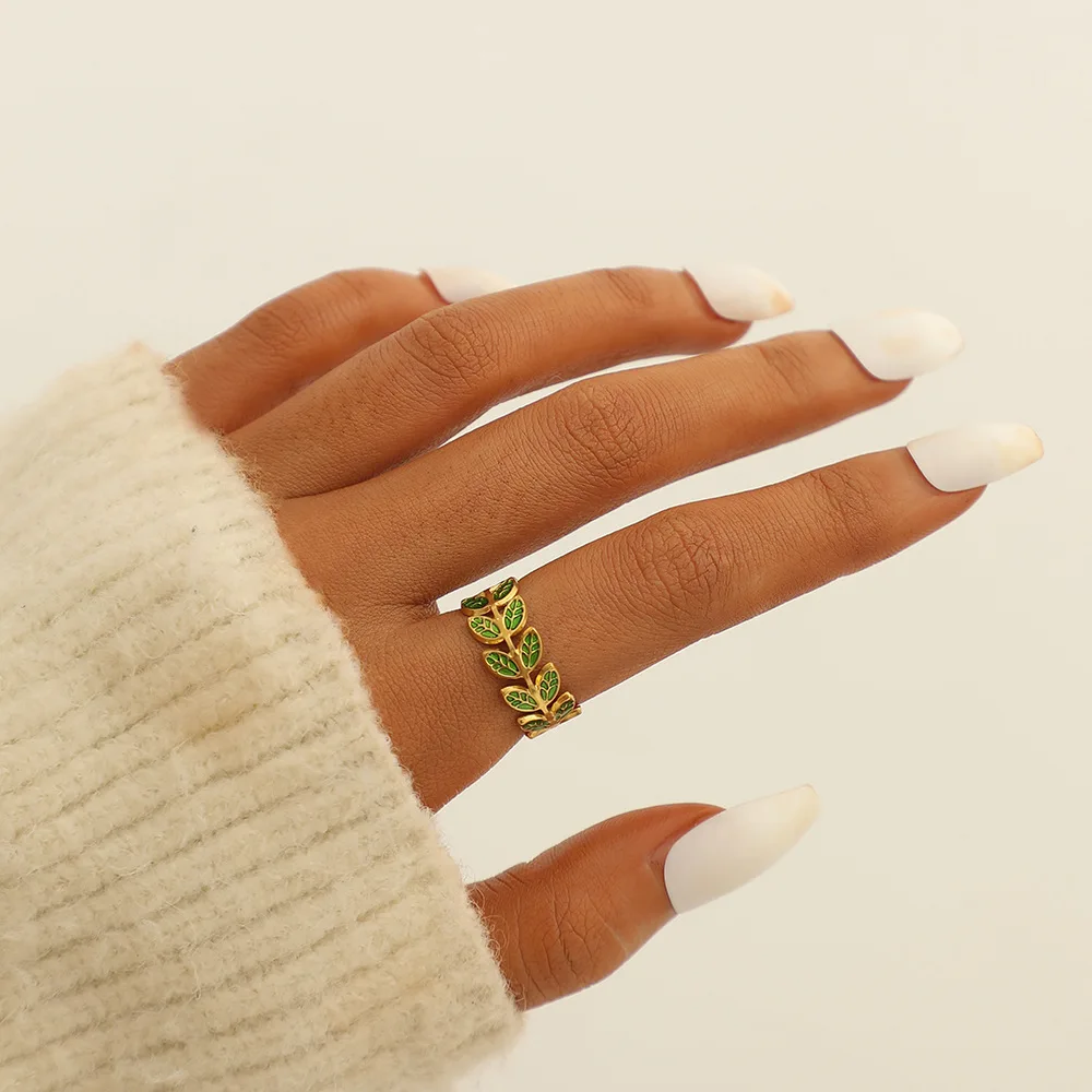 

Resizable Green Leaf Rings for Women Leaves Open Adjustable Ring Finger Jewelry Wedding Party Feather Rings Fashion Jewelry