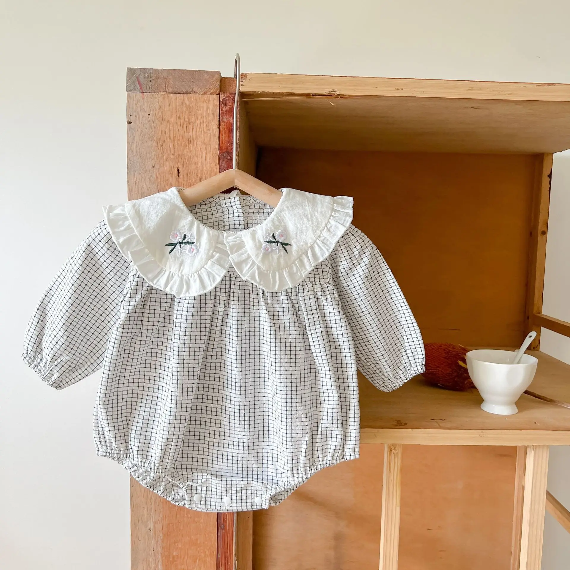 RiniLucia Baby Girls Romper Cotton Long Sleeve Ruffles Embroidery Baby Rompers Infant Playsuit Jumpsuits Cute Newborn Clothes