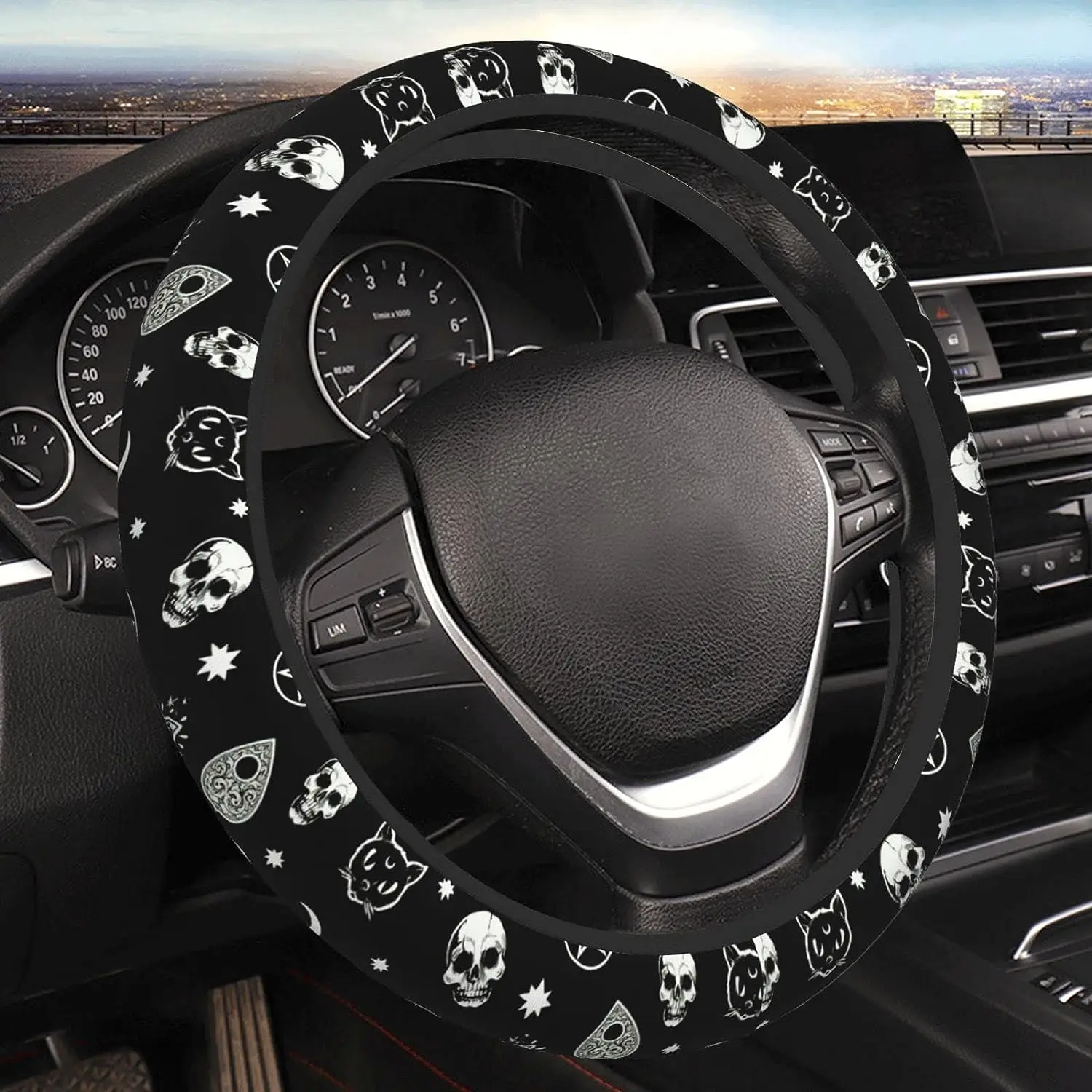 

Car Steering Wheel Cover Skull Cat Moon Gothic Pattern Universal Protector for Women Men Anti Slip Automotive Truck Decorations