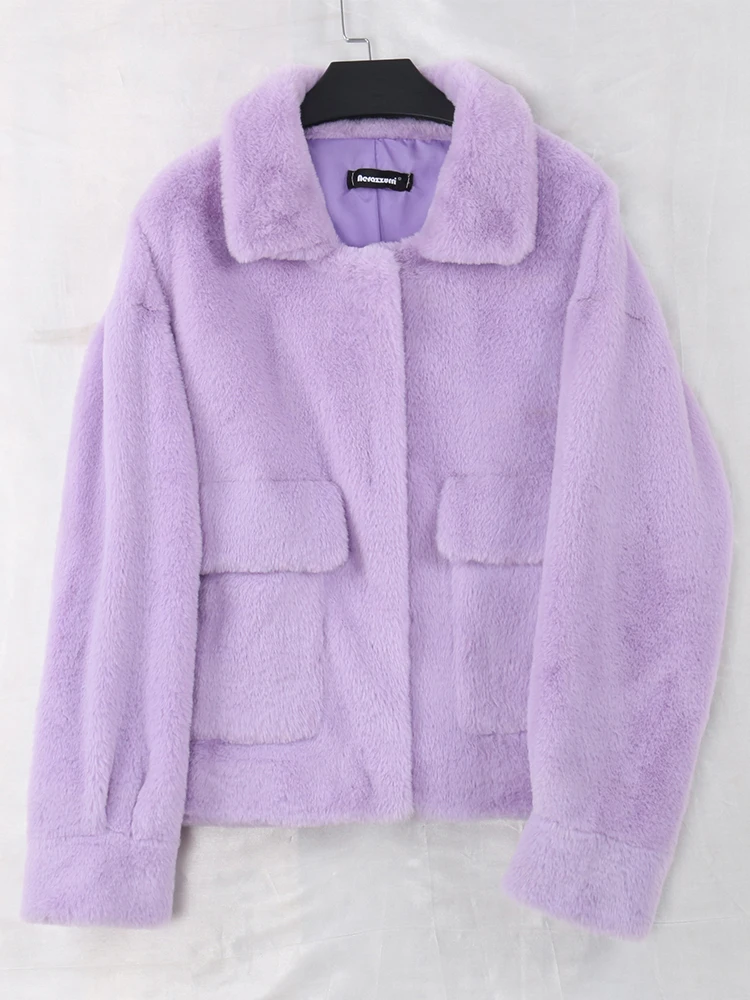 Nerazzurri Spring Purple Blue Short Light Soft Faux Fur Coat Women Long Sleeve Pockets Fall Korean Fashion 2022 Fluffy Jacket