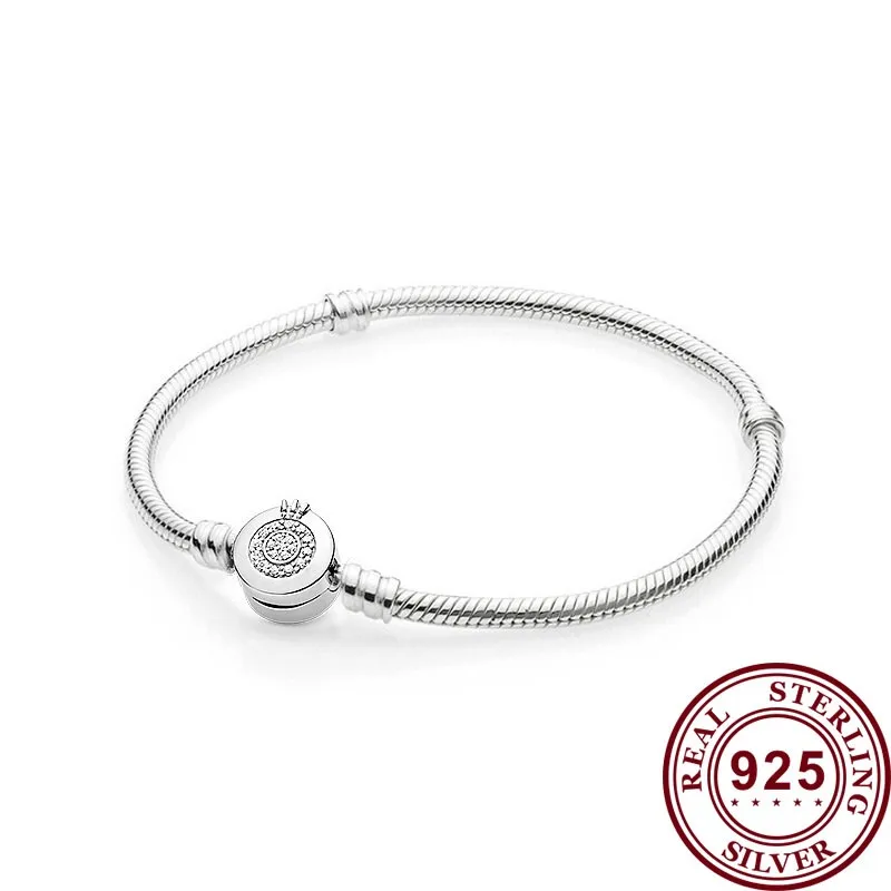 

100% 925pan Sterling Silver New Shining Crown Round Lock Clasp Bracelet Suitable For Women's Wedding Fashion Jewelry