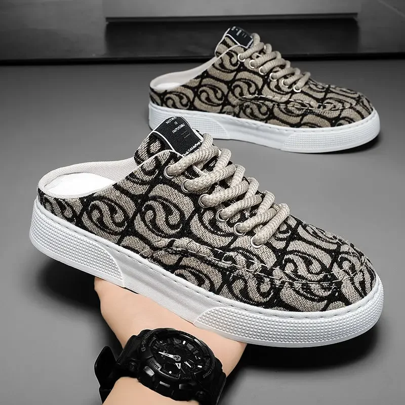 Мюли мужские холщовые плоская подошва полутапочки уличные сандалии модная