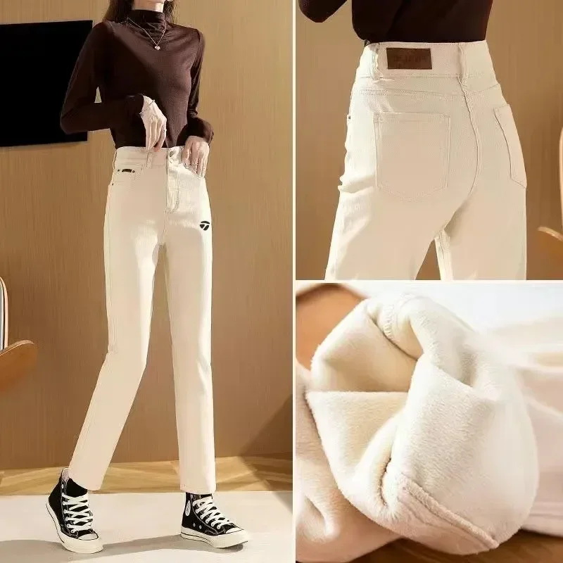 

High Quality Winter Golf Pants For Women 2023 Straight Wide Leg Pants Thick Fur Warm Korean Ladies Outdoors Jeans Golf Trousers
