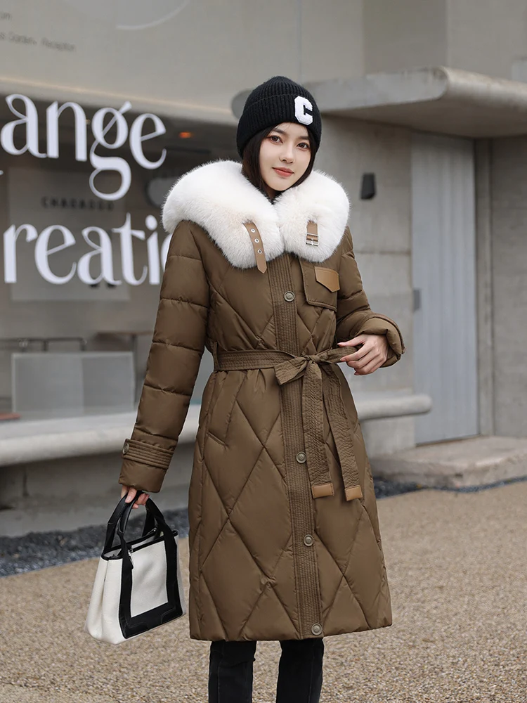 MEILLY DOLPHIN New Cotton Padded Quilted Women Winter Coat Clothes Big Fur Collar Snow Parkas Long Warm Puffer Jacket With Belt