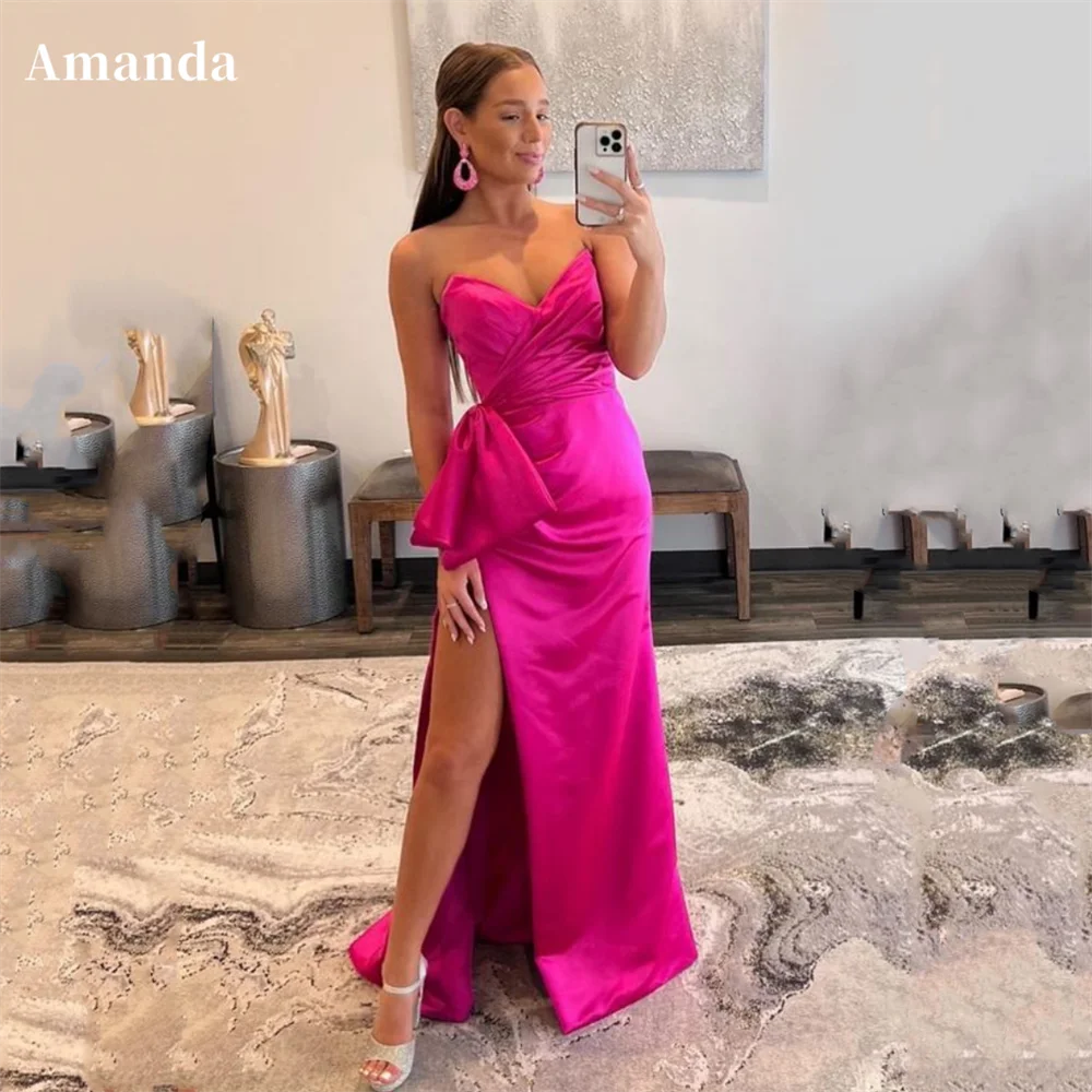 

Amanda Simple Satin Mermaid Evening Dress Sexy Strapless Party Dress Fuchsia Bow On Side Prom Dress 2024 فساتين مناسبة رسمية