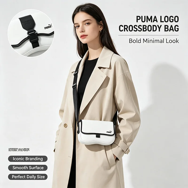 Фото Белая сумка Puma через плечо с логотипом, компактная, с регулируемым ремнем, легкая, прочная, модная, повседневная, для шопинга №3