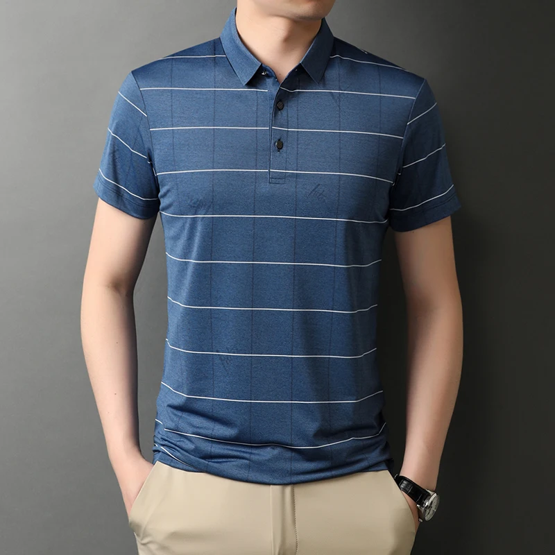 

Мужская мягкая футболка в полоску, Повседневная Классическая футболка с отложным воротником, лето 2022