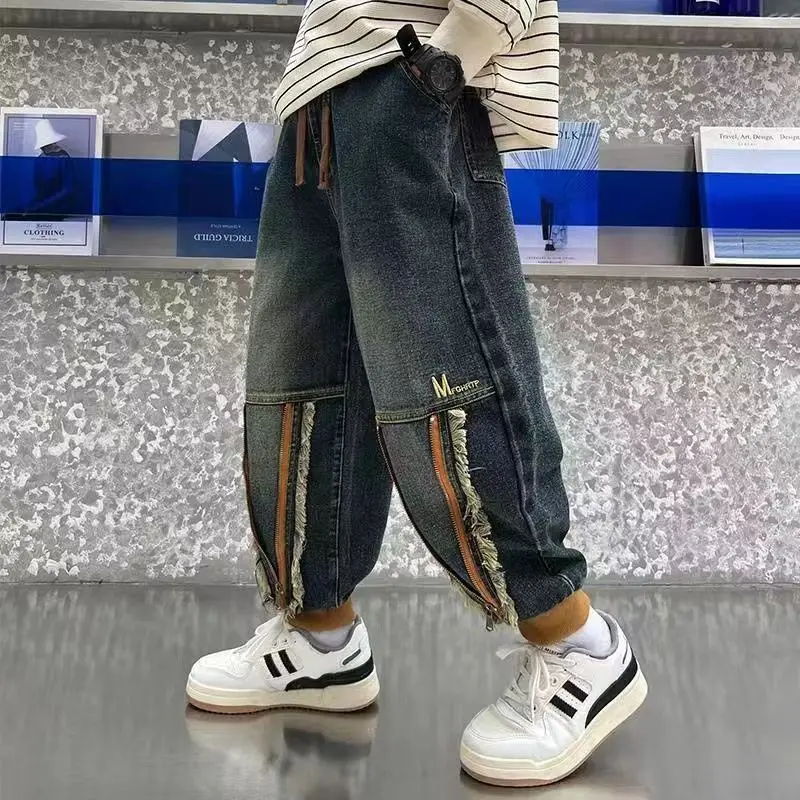 

Новинка 2023, лидер продаж, модные детские брюки с бахромой, однотонные прямые джинсовые брюки для мальчиков, джинсы высокого качества