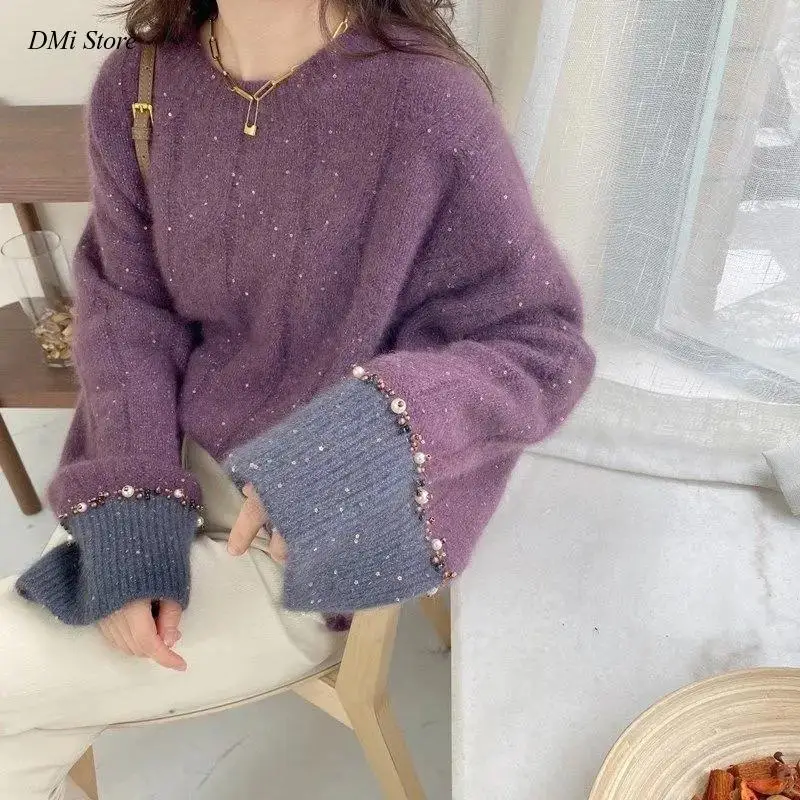 

DIMI Knitwear Sweater Women's Purple Pullover Korean Style Beaded Loose Solid Color Top Trending Sweater Autumn and Winter